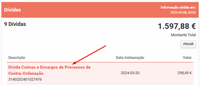Extrato do Portal das Finanças — 9 Dívidas no valor total de 1.597,88€ incluindo Dívida Coimas e Encargos de Processos de Contra-Ordenação