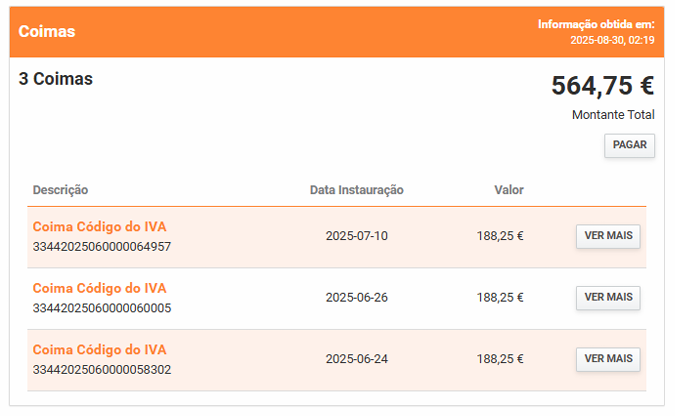 Extrato do Portal das Finanças — 3 Coimas no valor total de 564,75€