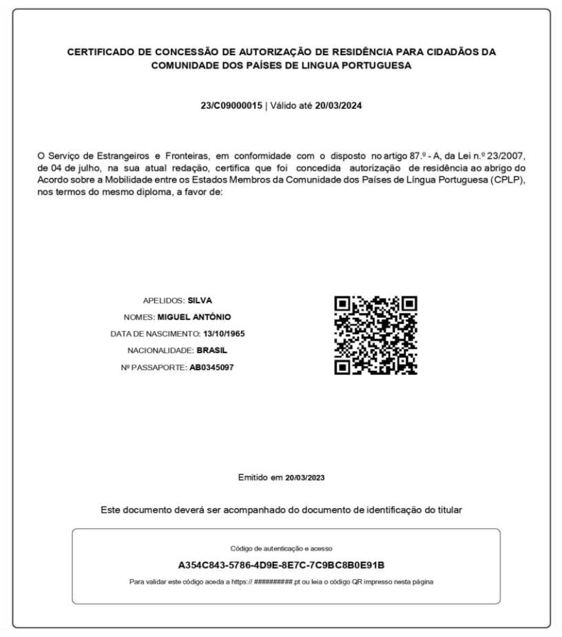 Modelo da nova Autorização de Residência Automática para cidadãos CPLP