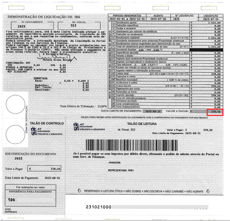 IRS - Corrigir erros e revisar valores - Modelo da Demonstração de Liquidação de IRS - Finanças